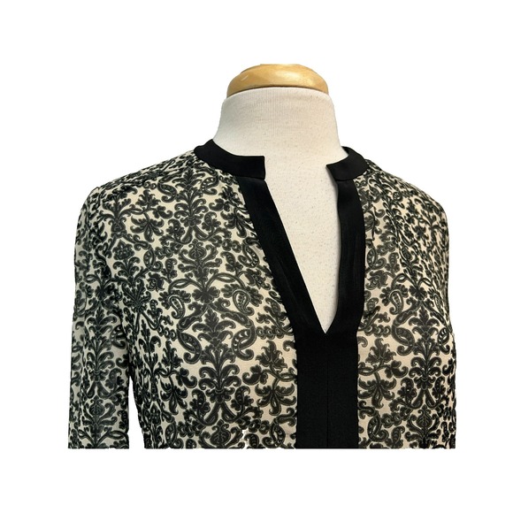 Tory Burch Tunic Top Semi Sheer Black Cream Paisley Print V-Neck Long Sleeve, 6 - Picture 3 of 9